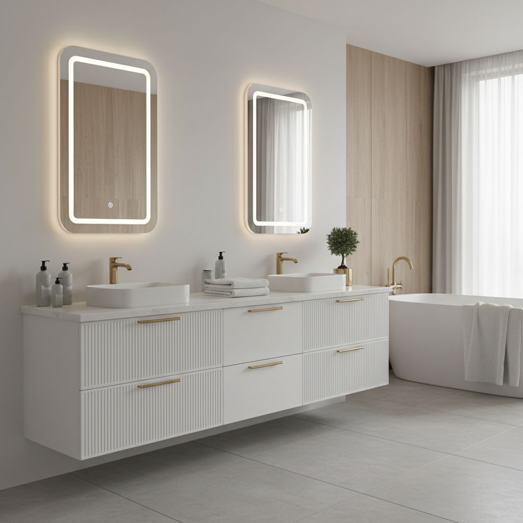 A sleek, modern bathroom featuring a white vanity with gold hardware and a large mirror with warm ambient lighting.