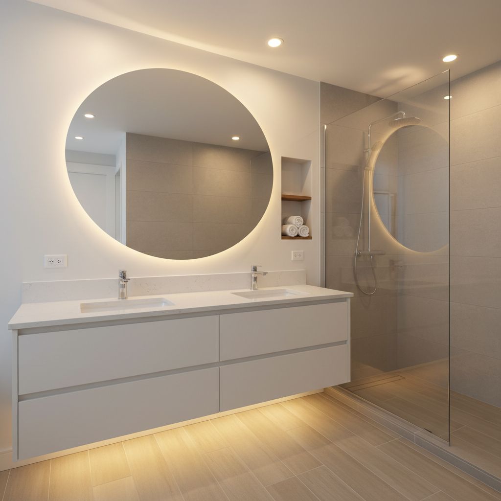 A beautifully renovated bathroom featuring a contemporary white vanity, a large mirror, and warm recessed lighting.