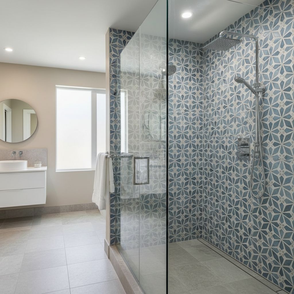 A modern walk-in shower with sleek glass doors and decorative tile-patterned walls in a clean, brightly lit bathroom.