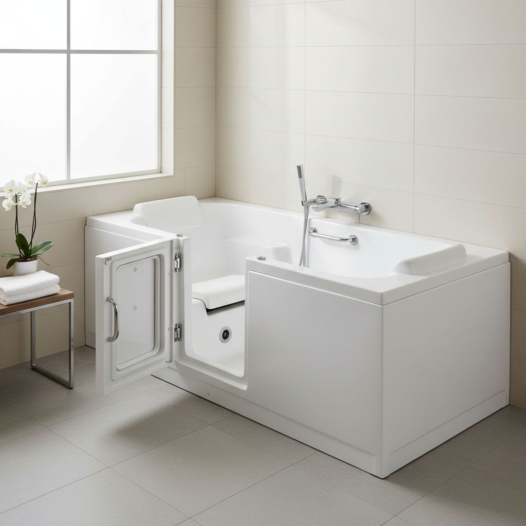 A modern walk-in bathtub with an open door, showcasing a low-entry threshold and built-in seating in a bright, clean bathroom.