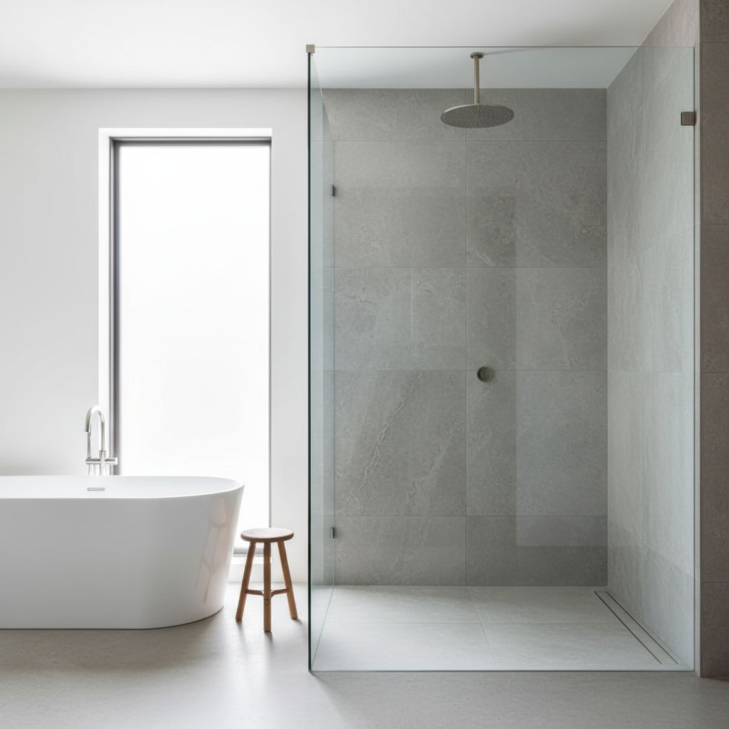 A sleek, modern walk-in shower with glass walls, a minimalist rainfall showerhead, and light gray stone tiling in a bright Andersonville bathroom.