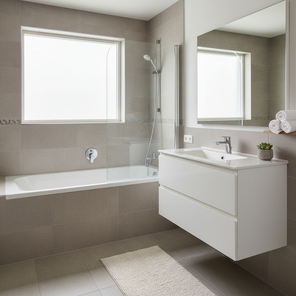 A bright, contemporary bathroom featuring a clean white vanity and a sparkling new alcove bathtub with neutral wall surrounds.