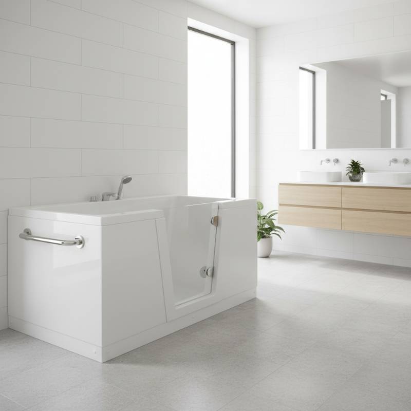 A modern, white walk-in bathtub with a chrome safety grab bar and a wide-opening door, installed in a brightly lit bathroom.