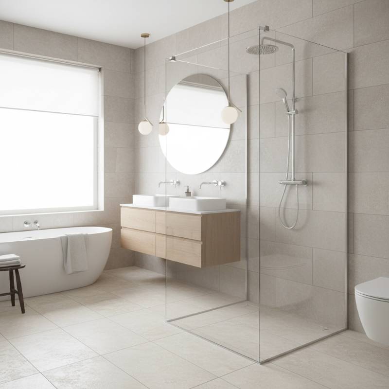 A bright, modern bathroom featuring a sleek new glass shower enclosure and neutral tile floors
