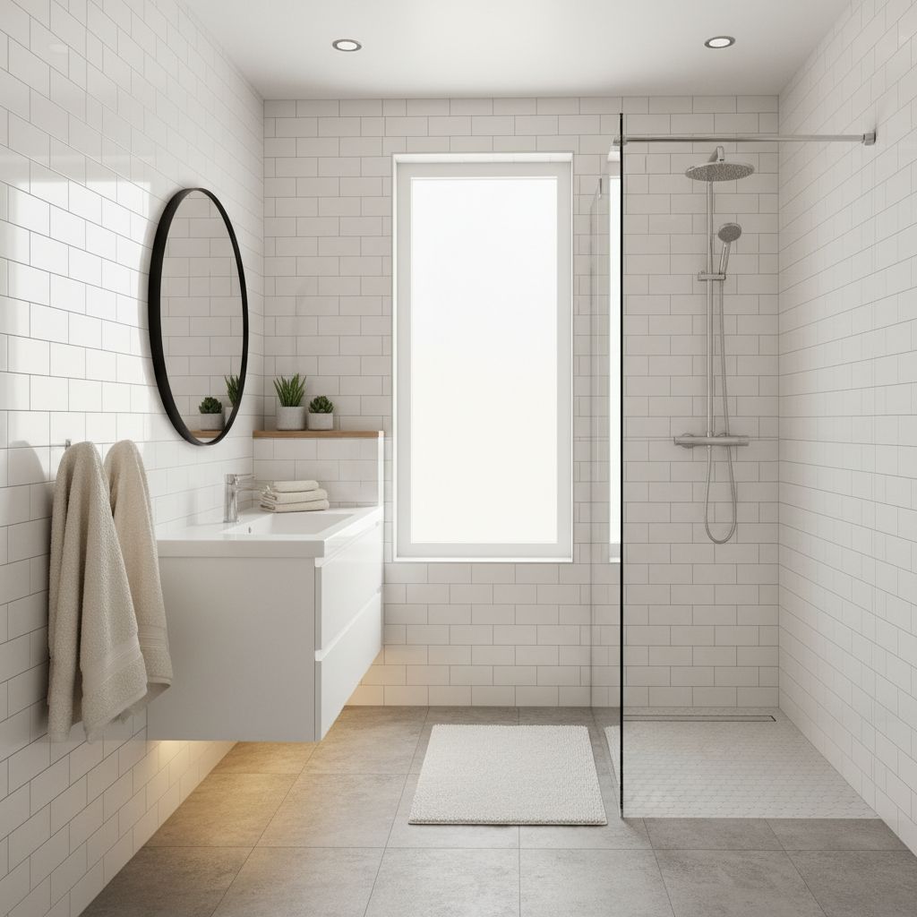 A modern, brightly lit small bathroom featuring white subway tile and a glass-enclosed walk-in shower.