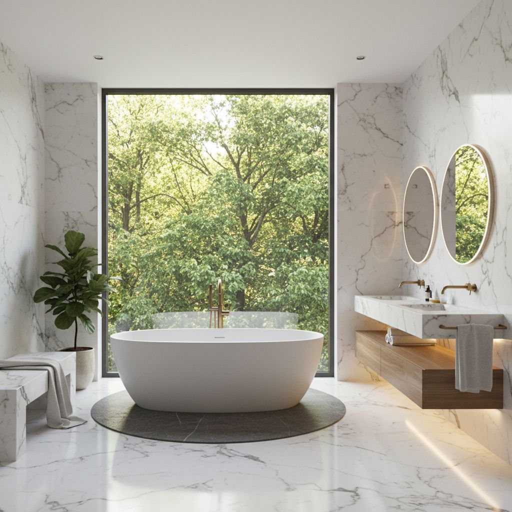 A modern luxury bathroom featuring marble walls, a large window with natural light, and a sleek freestanding tub in the center.