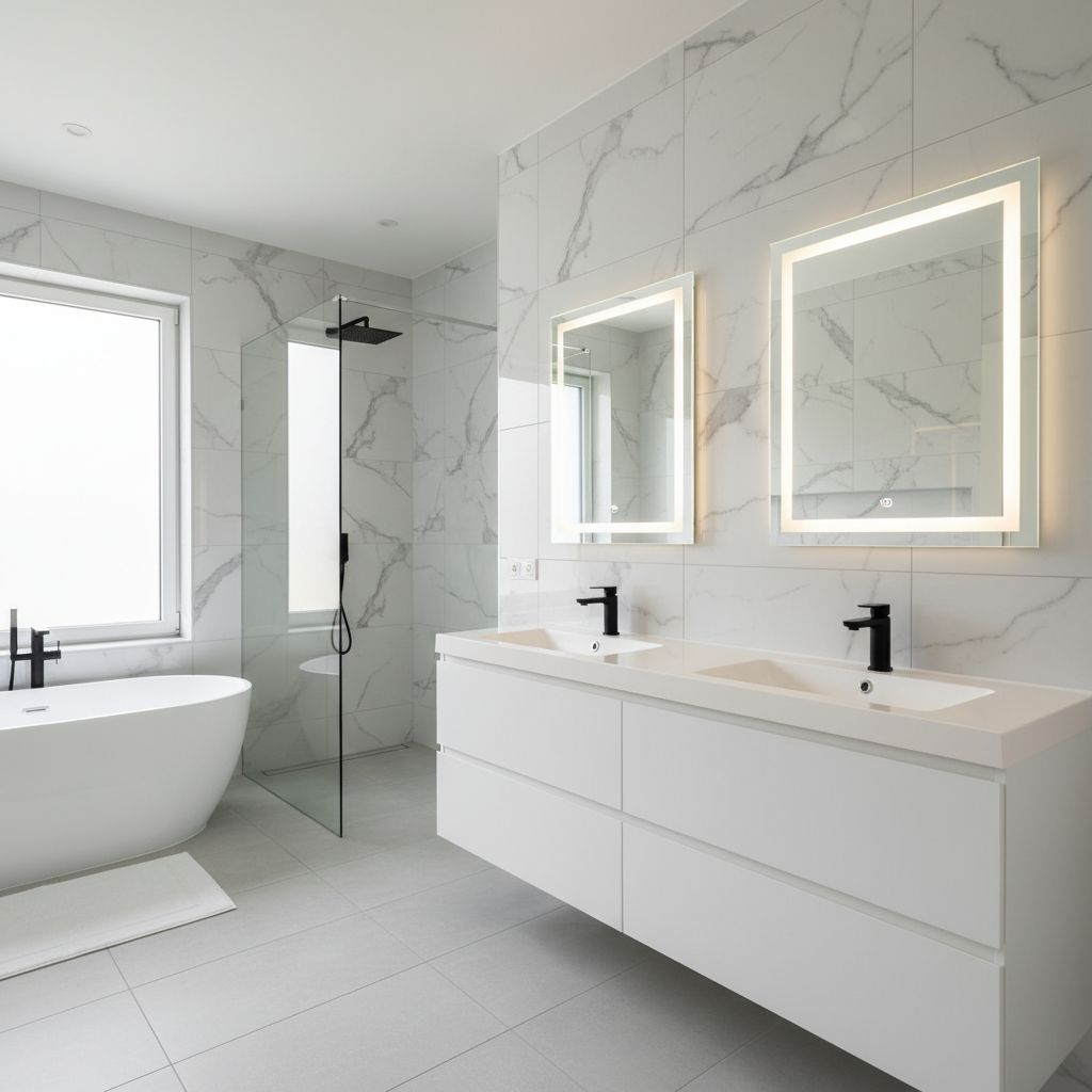 A sleek, contemporary bathroom with marble-patterned wall surrounds and a clean white vanity.