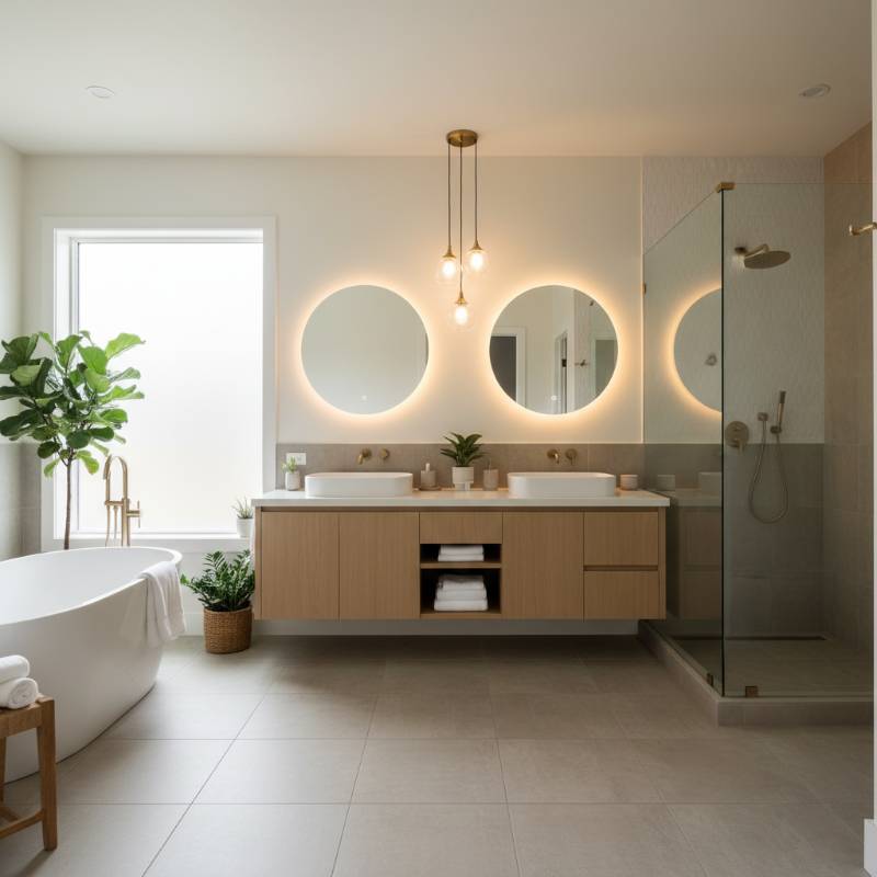 A bright and spacious family bathroom featuring a large double vanity, soft lighting, and neutral-colored tile flooring.