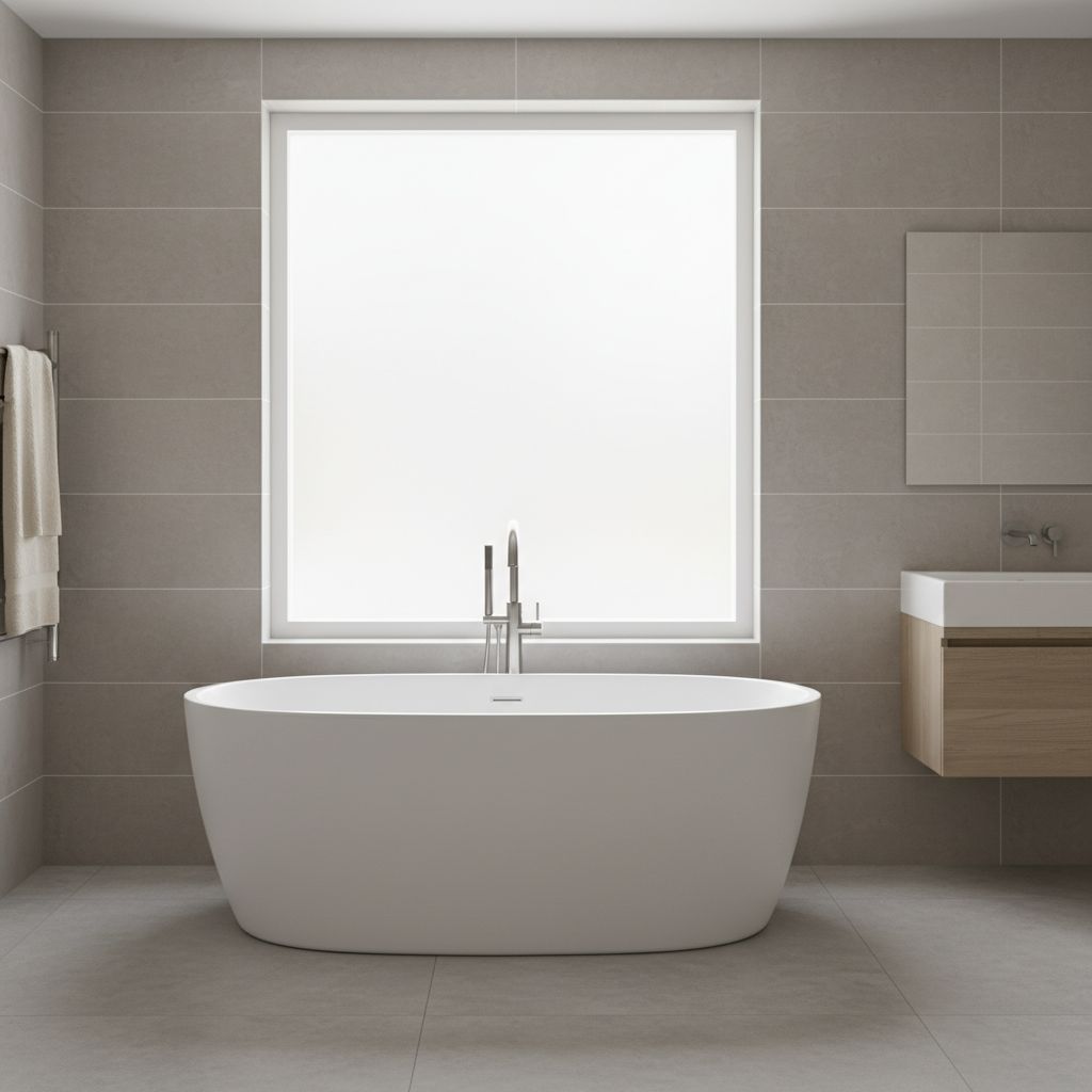 A modern, sleek white acrylic bathtub installed in a bright bathroom with neutral tile walls and chrome fixtures.