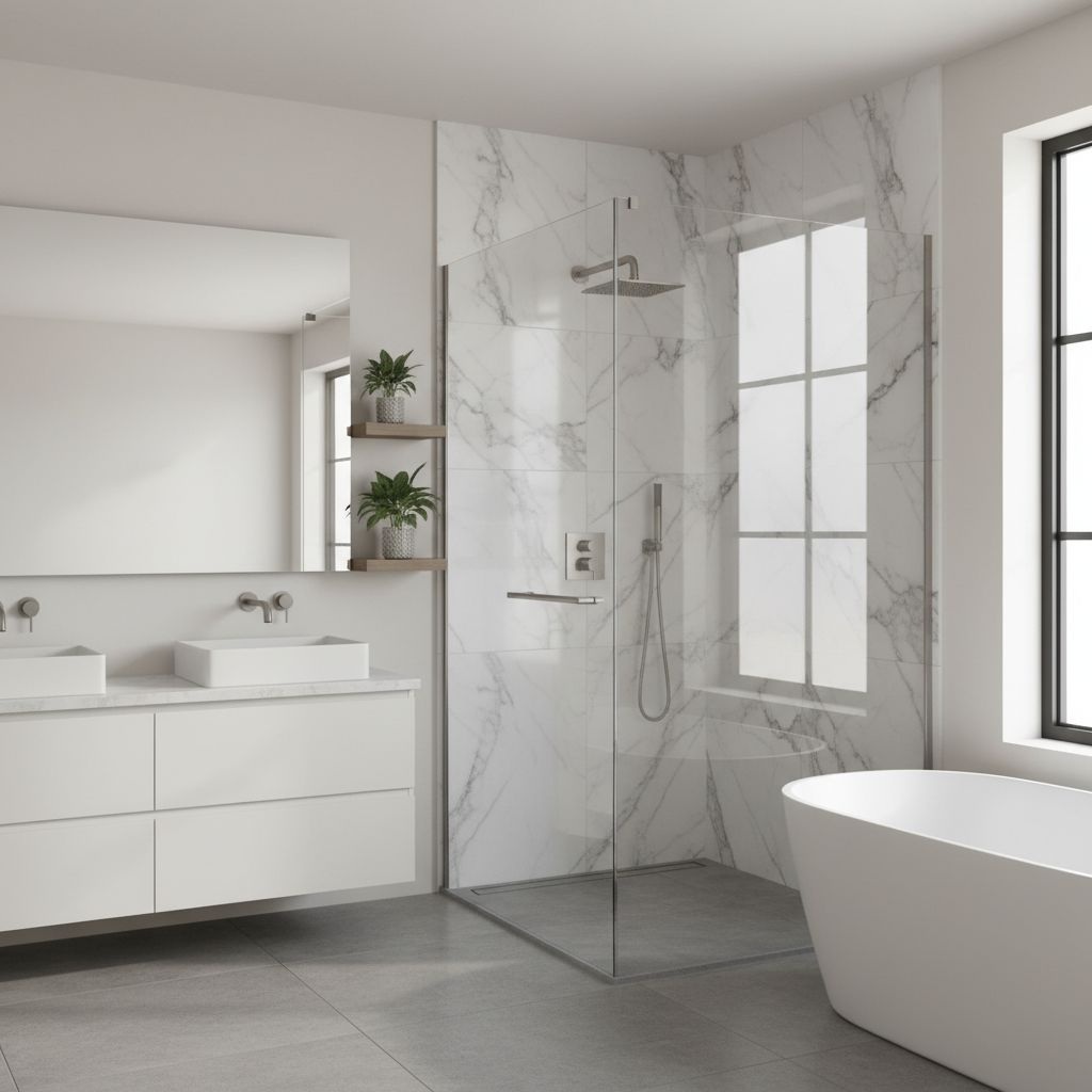 A modern walk-in acrylic shower with a marble-patterned wall surround and sleek metal fixtures in a well-lit bathroom.