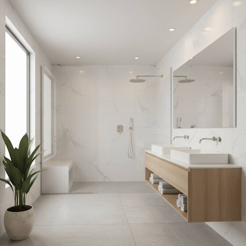 A bright, modern bathroom featuring a glass-enclosed walk-in shower with minimalist fixtures and a built-in bench.