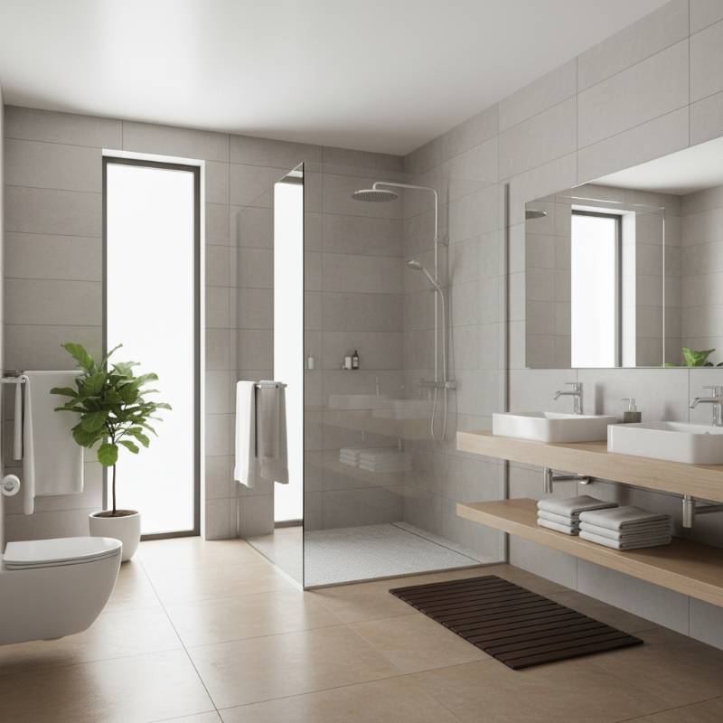 A modern, clean bathroom with a new walk-in shower and polished chrome fixtures.